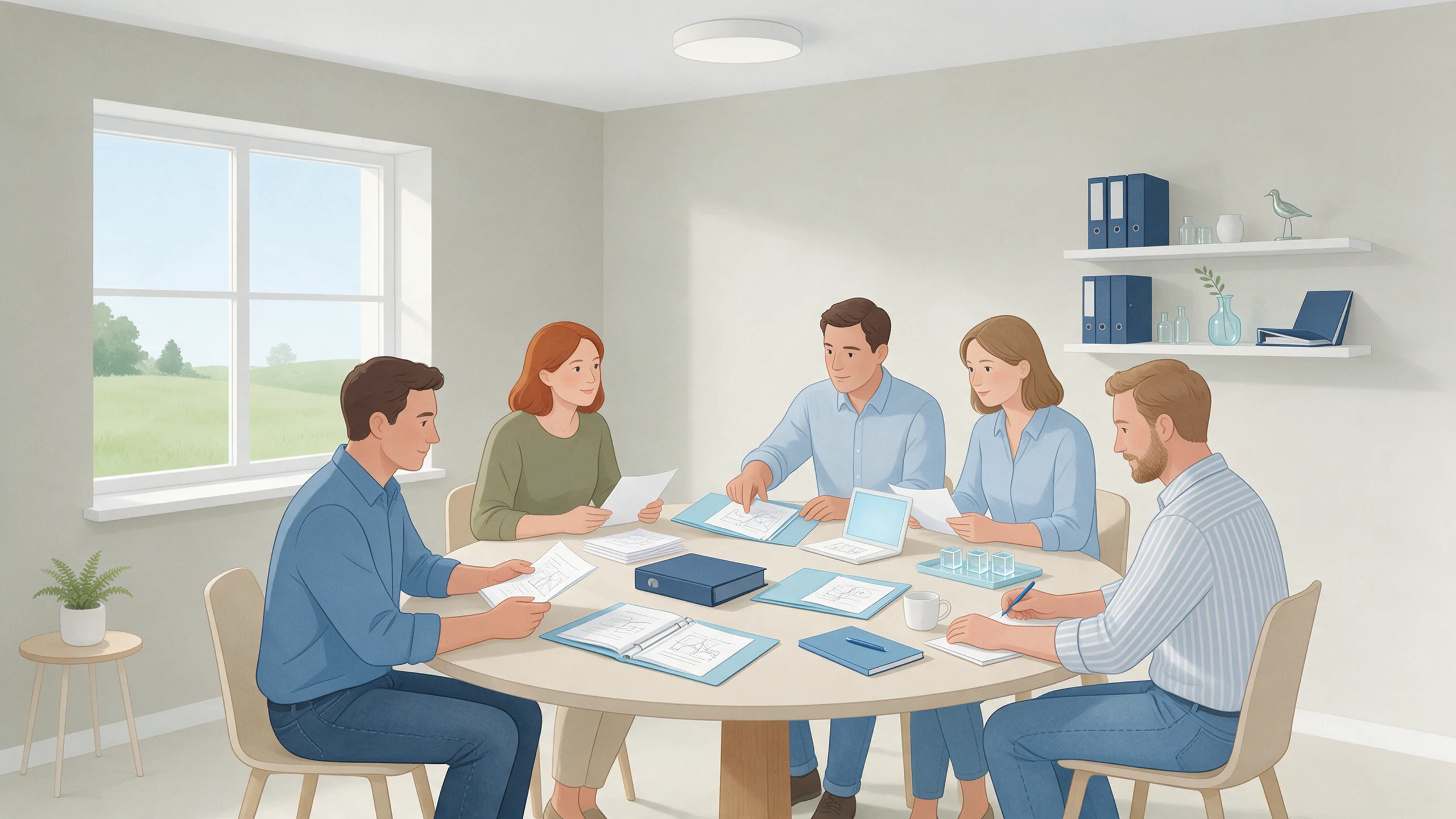 Fünf Personen besprechen getrennte Unterlagen und Mappen an einem Tisch in einem hellen Gruppenraum.