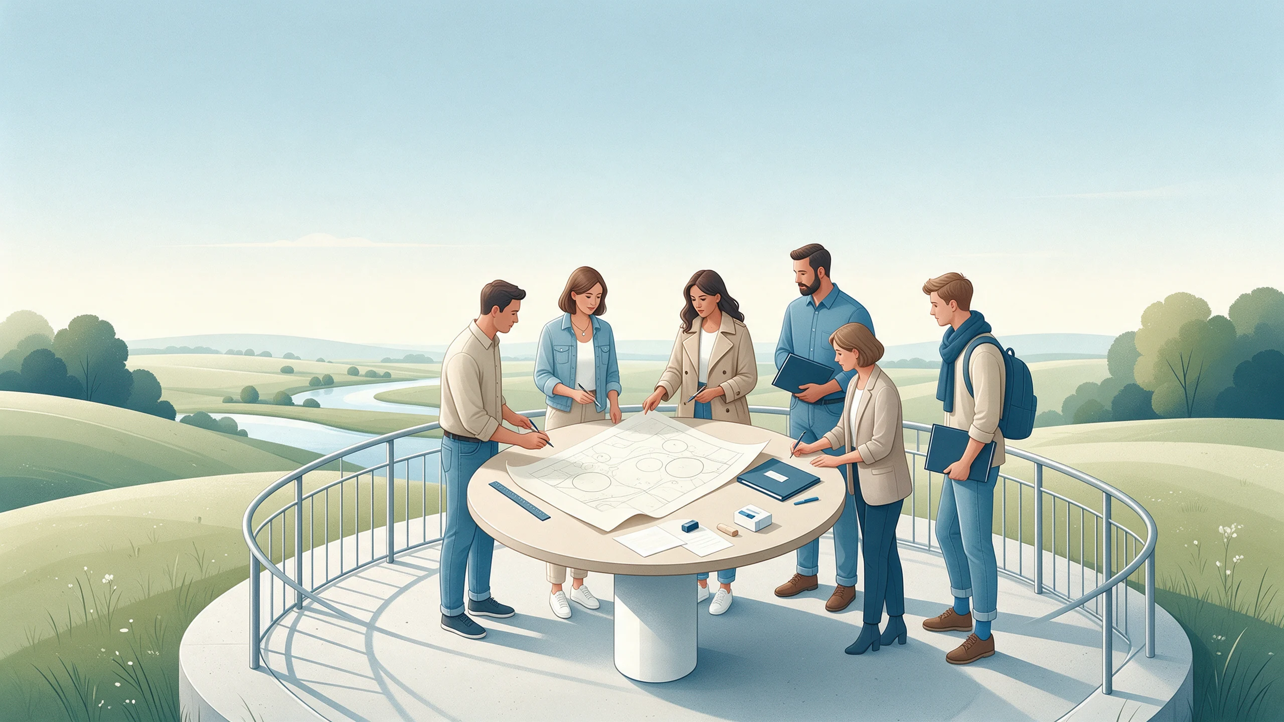 Eine Gruppe betrachtet Landschaft und eine neutrale Skizze von einer befestigten Aussichtsplattform aus.