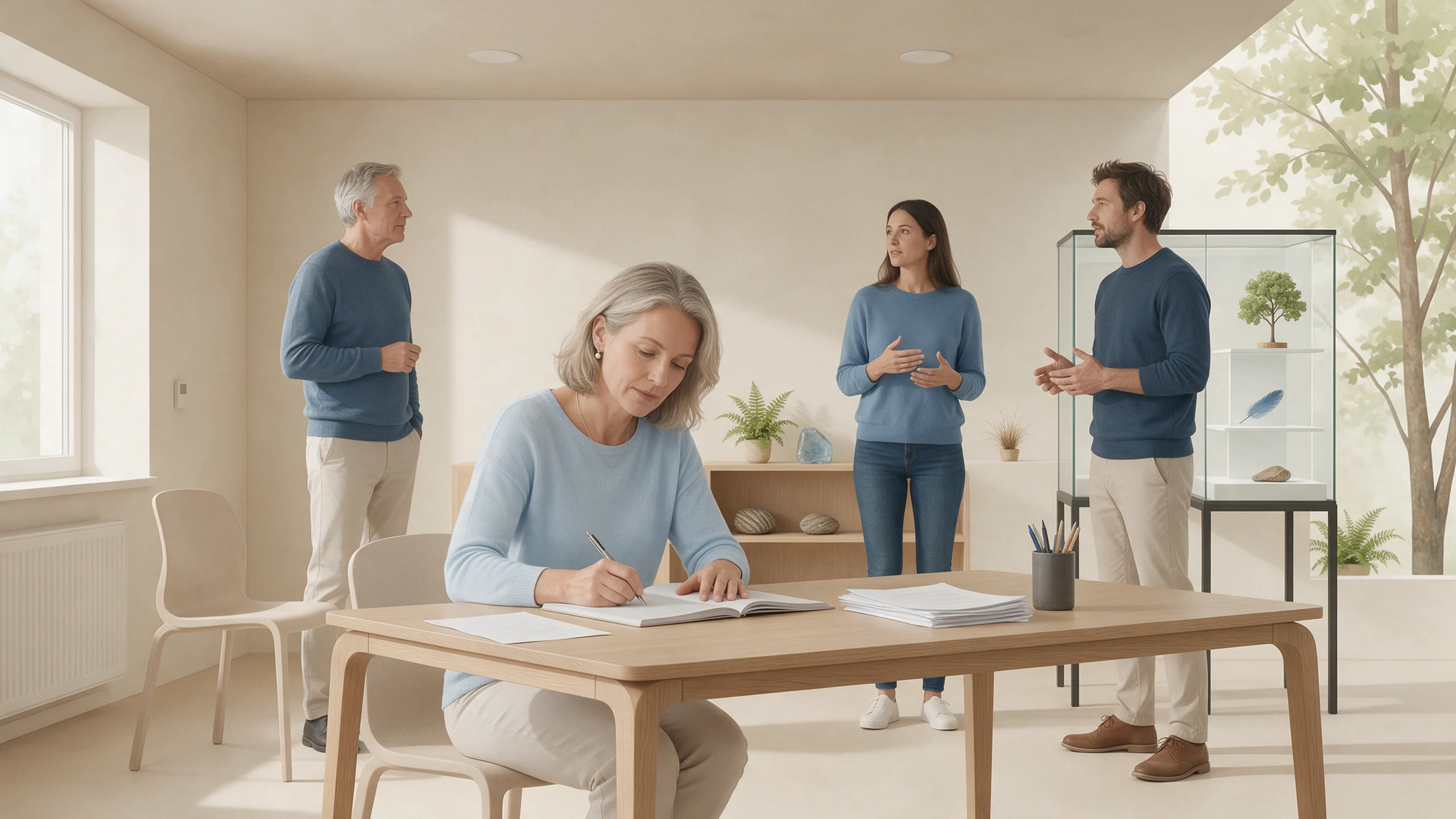 Eine Person schreibt an einem Tisch, während drei weitere in Abstand miteinander sprechen; Naturanschauungsmaterial steht im Raum.