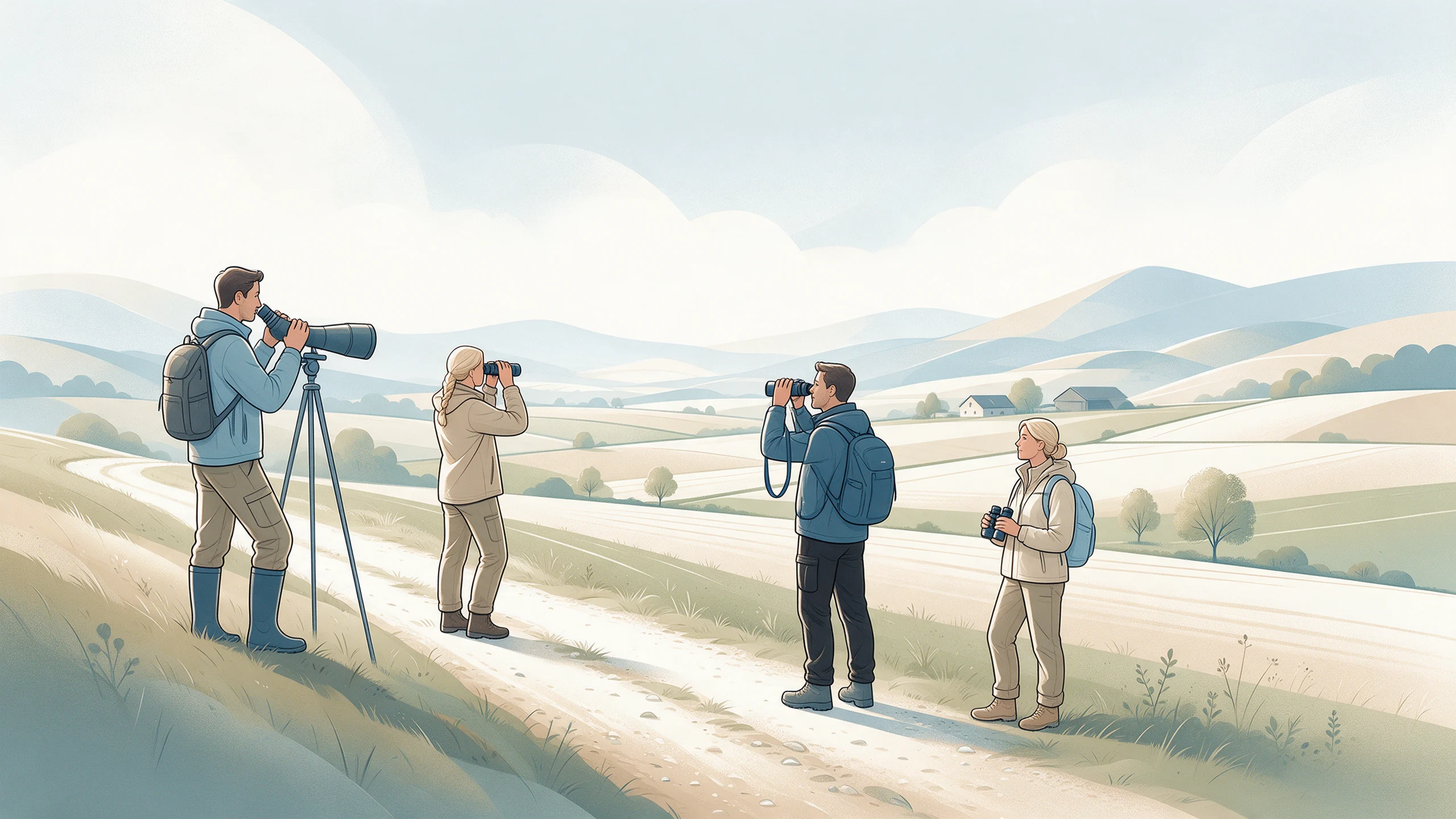 Vier Personen beobachten die Landschaft mit Ferngläsern und Kamera von einem bestehenden Weg aus.