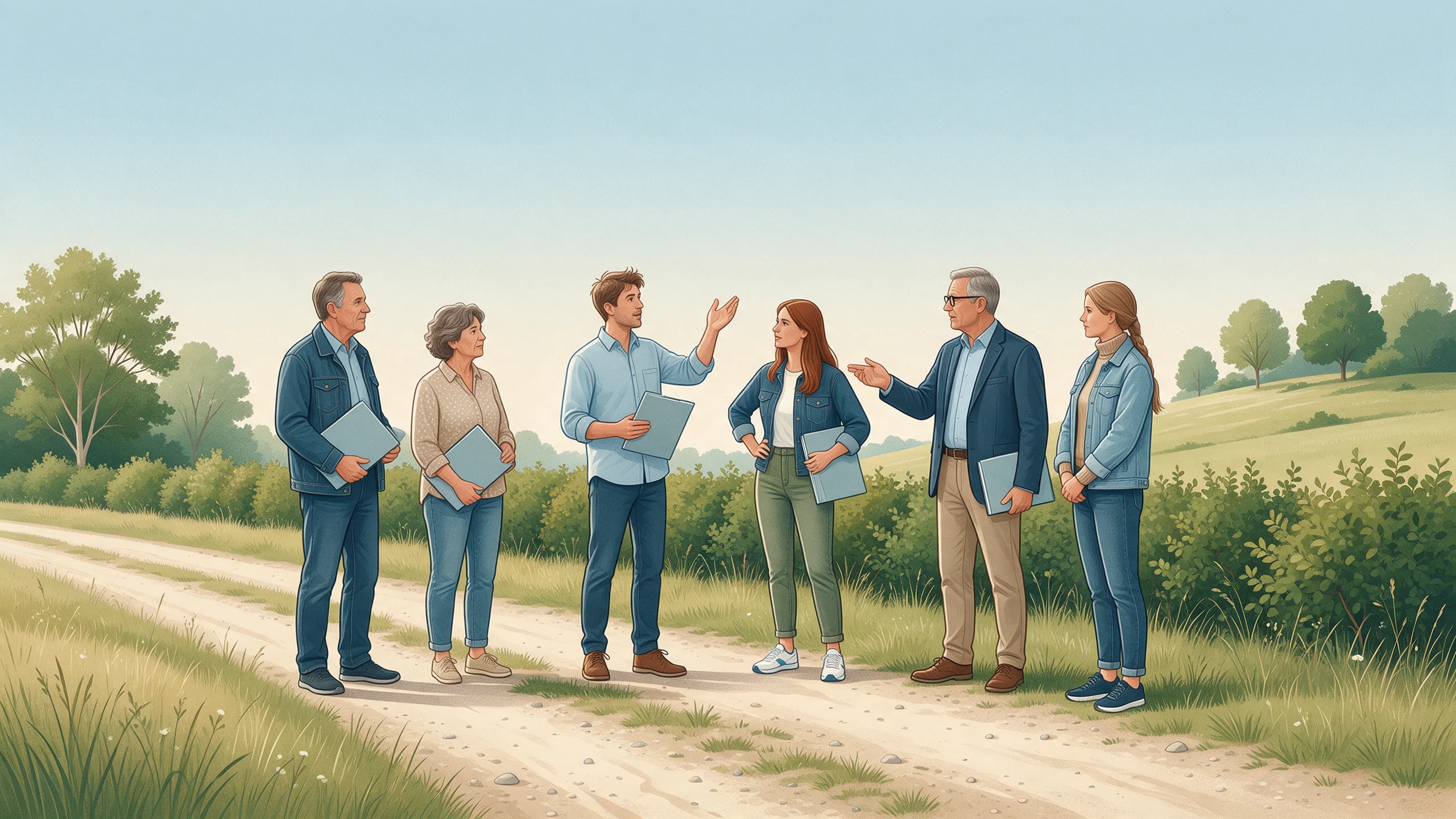 Eine Gruppe steht mit geschlossenen Mappen auf einem vorhandenen Weg zwischen Hecke und Wiese.