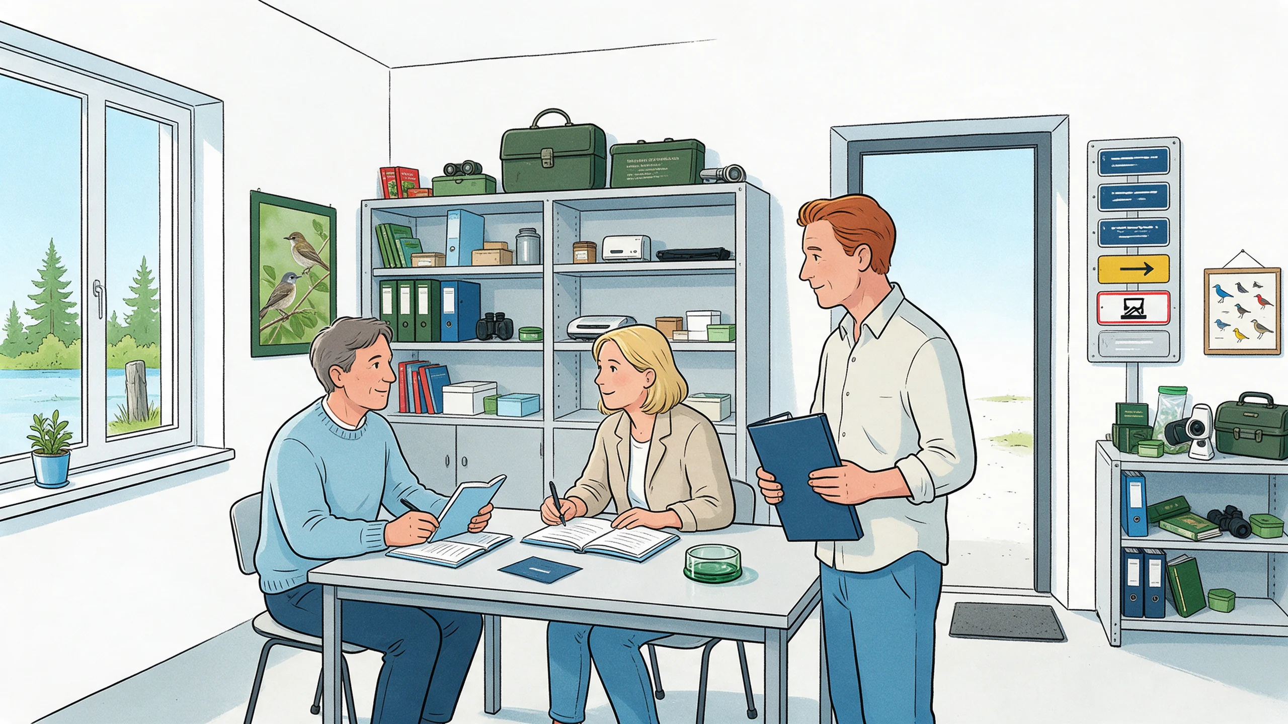 Drei Personen besprechen Unterlagen in einem Raum mit Ferngläsern, Naturbildern und Ausrüstung.