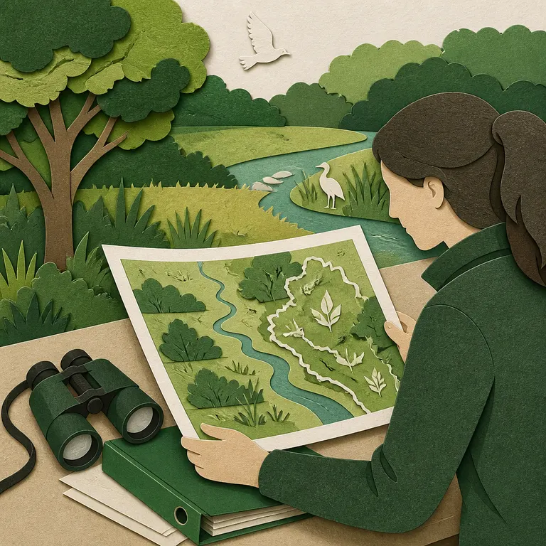Projektleitung prüft eine Landschaftskarte mit Wiese, Bachlauf und Schutzgebietsflächen