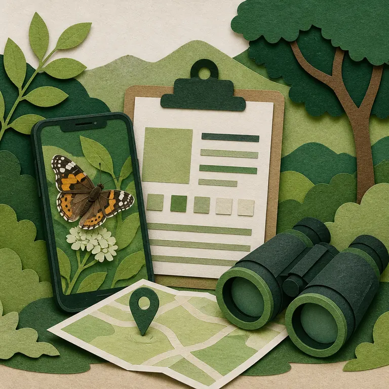 Erfassungsbogen, Smartphone und Karte für eine Naturbeobachtung