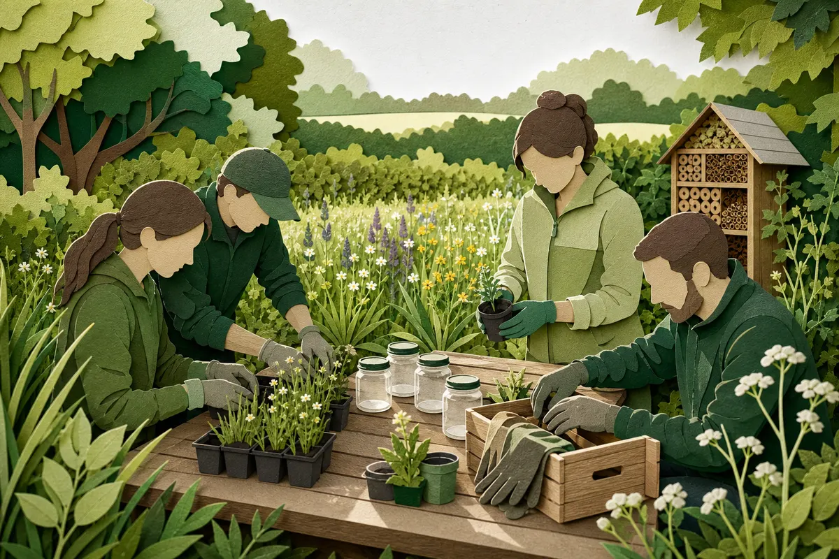 Ehrenamtliches Naturschutzteam bereitet an einer Wildblumenfläche eine Pflanzaktion vor