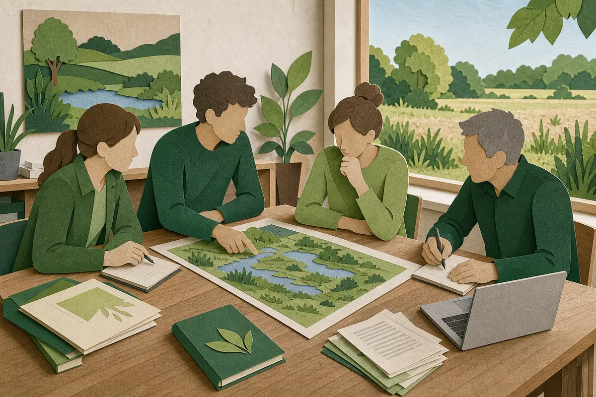 Naturschutzverein plant an einem Tisch einen Förderantrag für ein Feuchtwiesenprojekt
