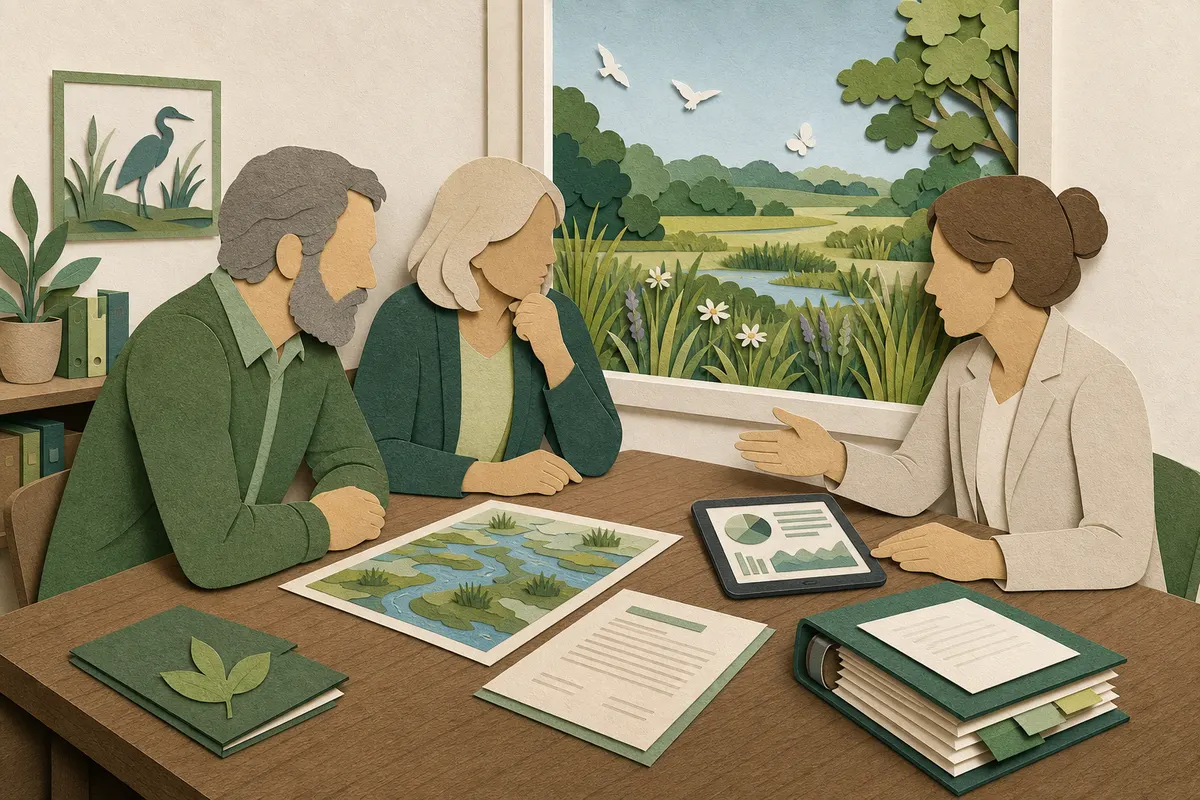Vorstandsmitglieder eines Naturschutzvereins prüfen gemeinsam mit einer Unternehmensvertreterin eine mögliche Partnerschaft