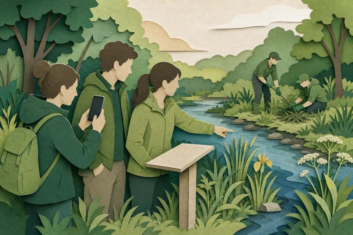 Ehrenamtliche Naturschutzaktive dokumentieren die Pflege eines renaturierten Bachlaufs.