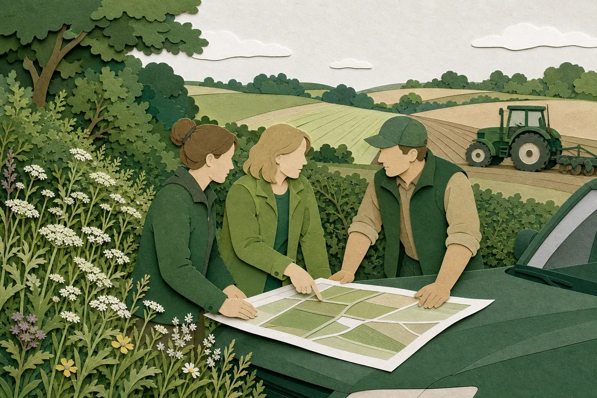 Vereinsvertreterinnen und Landwirt besprechen gemeinsam einen Lageplan an einer artenreichen Agrarfläche