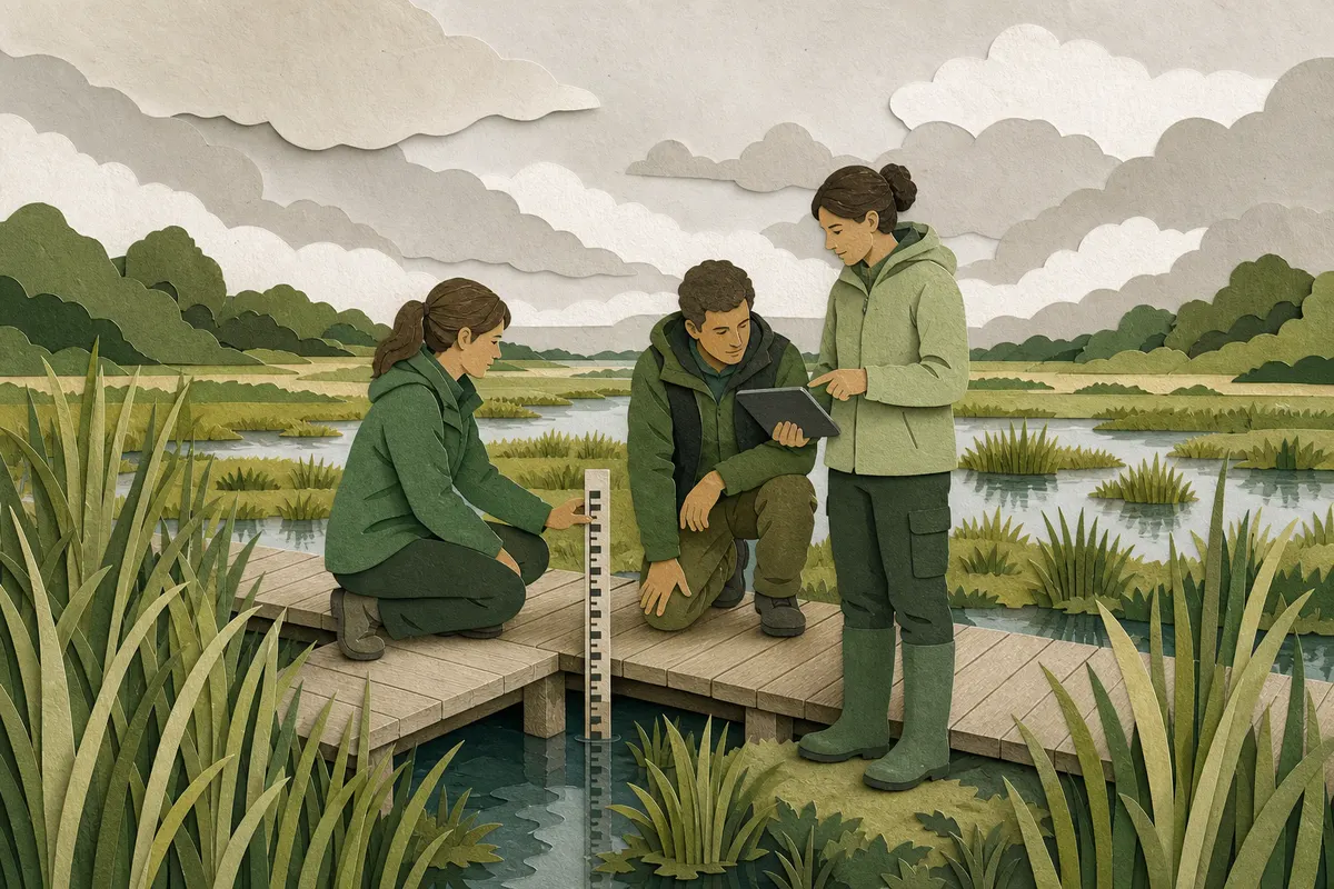 Ehrenamtliche und Biologin erfassen gemeinsam den Wasserstand in einem wiedervernässten Moor