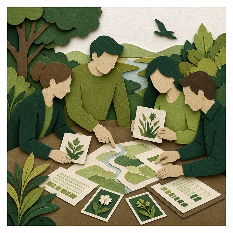 Naturschutzteam ordnet Projektdaten für einen Wirkungsbericht
